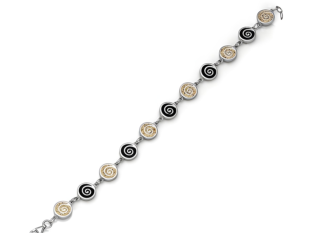 DUR Armband Spirale 2.0 in Sterling Silber zeigt eine ansprechende Abfolge von schwarzen und goldenen Spiralen, perfekt geeignet für einen Handgelenkumfang von 16,5 cm bis 19,5 cm.