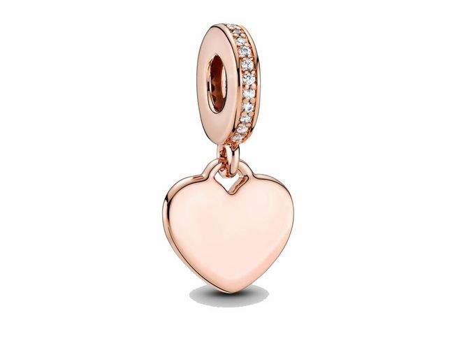 Charm-Anhänger von Pandora in Roségold Vergoldung, gravierbares Herz mit Zirkonia, beidseitig gestaltbar, elegantes Design für persönliche Gravuren.