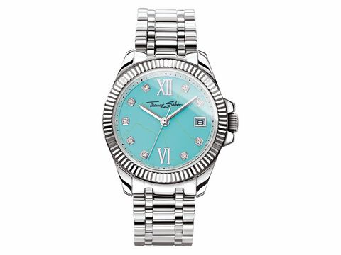 41611495-0 Damenuhr von Thomas Sabo im Design Divine mit türkisem Zifferblatt, Edelstahlarmband und funkelnden Ziffern sowie Datumsanzeige auf der rechten Seite.