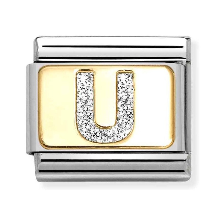 Nomination Composable Classic Charm Buchstabe U Silberglitzer - Edelstahl, Gold 750, Emaille