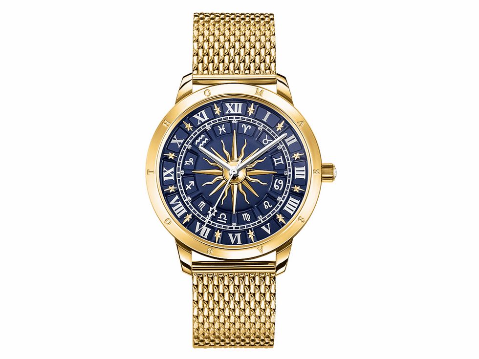 Elegante Thomas Sabo Damenuhr mit Edelstahlgehäuse in IP gelbgoldfarben und blauem Zifferblatt, verziert mit römischen Ziffern und einem ansprechenden Design.