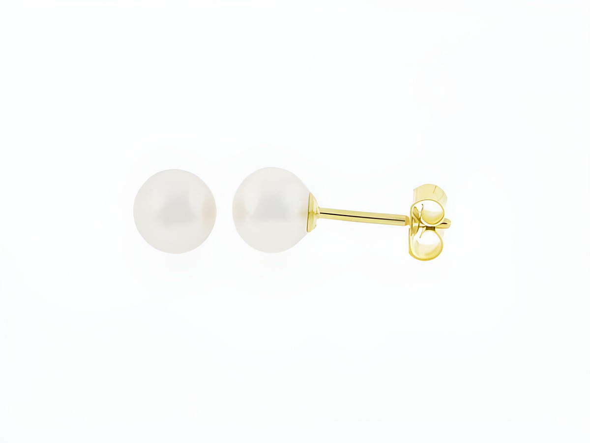 Gold Perlen Ohrringe aus 333 Gold mit 6 mm Süßwasser Zuchtperlen, Hersteller Juwelier Harnisch, elegante und zeitlose Damenschmuckstücke für jeden Anlass.