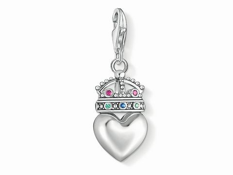 Charm-Anhänger in Herzform mit Krone, mehrfarbig, aus Silber, verziert mit bunten Steinen, aus der Vintage Rebel Kollektion von Thomas Sabo, Artikelnummer 1544-498-7.