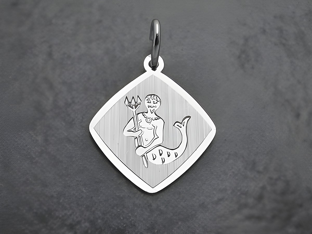 Der Anhänger zeigt das Sternzeichen Wassermann, aus rhodiniertem Sterling Silber gefertigt. Die detailreiche Darstellung eines majestätischen Wasserträgers ist auf einer glänzenden Oberfläche zu sehen.