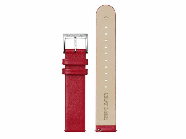 Lederarmband in Rot von Mondaine FEM.3118.30Q.5.K aus echtem Leder mit einer Breite von 18 mm, ausgestattet mit einer silbernen Schließe und mit einem klaren, eleganten Design.