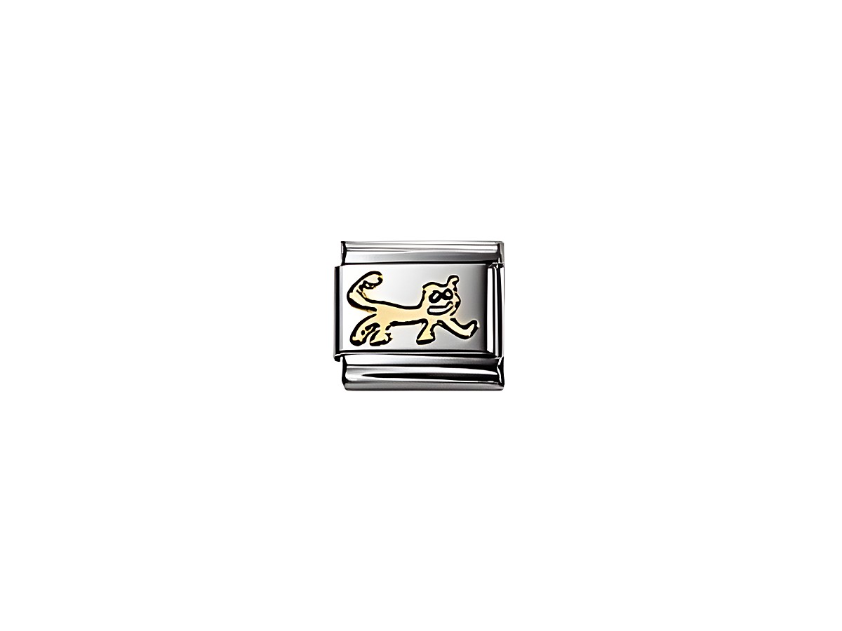 Ein silbernes Charm mit einem goldenen Katzenmotiv, das in einer dynamischen Pose dargestellt ist. Ideal für Tierliebhaber und Modeschmuck.