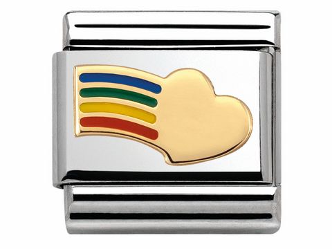 Herz aus goldfarbigem Metall mit Regenbogenfarben, emailliert in blau, grün, gelb, orange und rot, auf silberfarbenem Untergrund, für Nomination Classic Armbänder.
