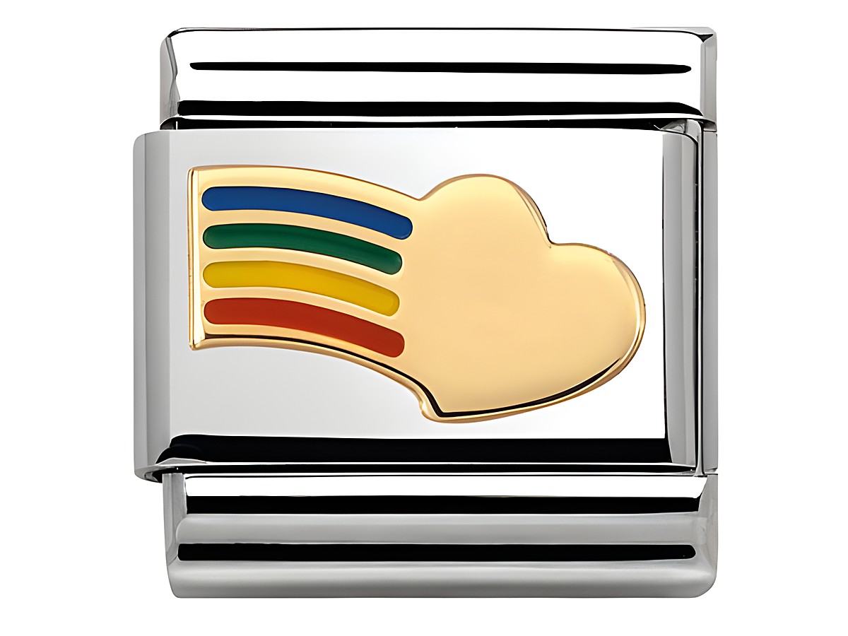 Herz aus goldfarbigem Metall mit Regenbogenfarben, emailliert in blau, grün, gelb, orange und rot, auf silberfarbenem Untergrund, für Nomination Classic Armbänder.