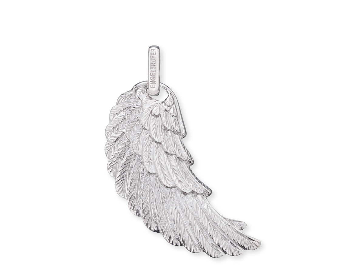 Silberfarbener Engelsrufer ERW-L2 FLÜGEL Anhänger mit feinen Details, glänzender Oberfläche, Höhe von 4,5 cm, elegantes Design für schmückende Akzente im Alltag.