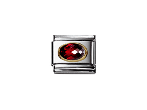 Zartes Schmuckelement von Nomination mit einem ovalen, facettierten roten Zirkonia, umgeben von einem goldenen Rand und einer silberfarbenen Fassung. Ideal für individuelle Armbänder.