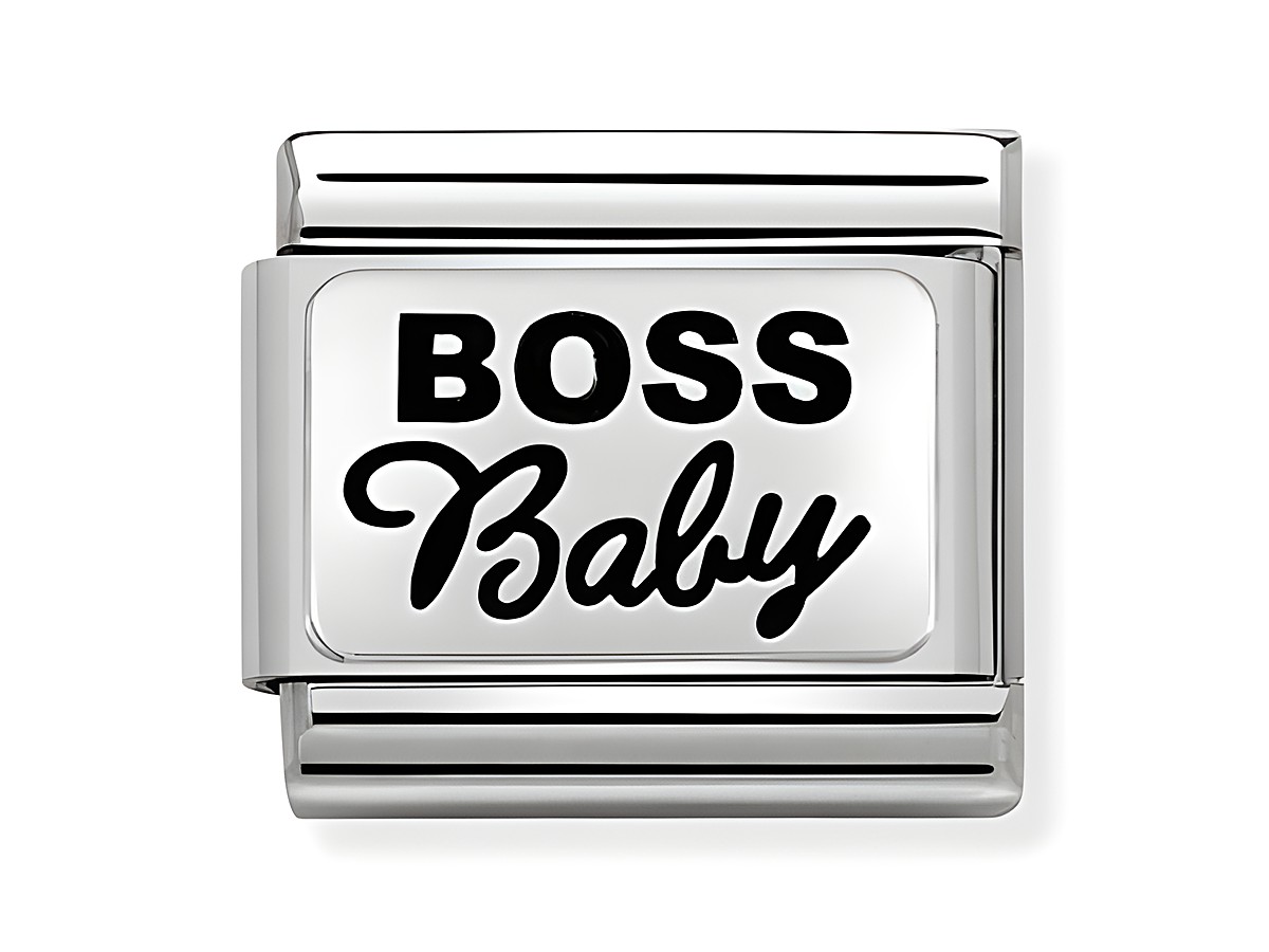 Ein silberner Charm mit dem Schriftzug BOSS Baby in schwarzer Schrift auf weißem Hintergrund, ideal für die Nomination Classic Kollektion.