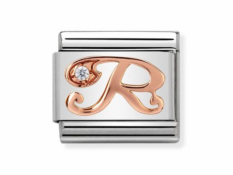 Silbernes Armbandglied von Nomination mit dem Buchstaben R in roségold und einem klaren Stein, Modell Composable Classic R, Hersteller Nomination, 430310.