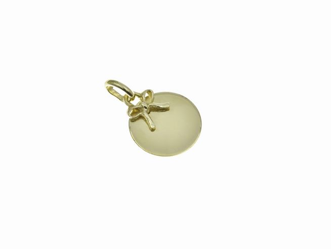 Gravurplatte rund aus Gold auf Silber Anhänger mit Schleife, Hersteller Juwelier Harnisch, elegantes und schlichtes Design für persönliche Gravuren.