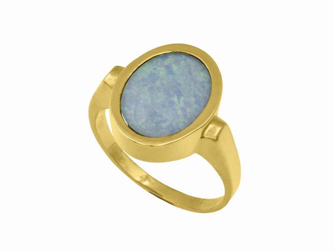 Gelbgold Ring elegant Gelbgold 333 Opal-Triplette Gr. 52 präsentiert einen ovalen, blauen Opal in einem schlichten Golddesign von Juwelier Harnisch bis Gr. 52/17.