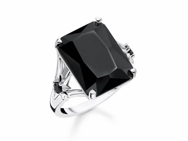 Herrenring von Thomas Sabo aus Sterling Silber mit geschwungenem Design, mit schwarzem Onyx und Zirkonia, Größe 62, elegant und modern.