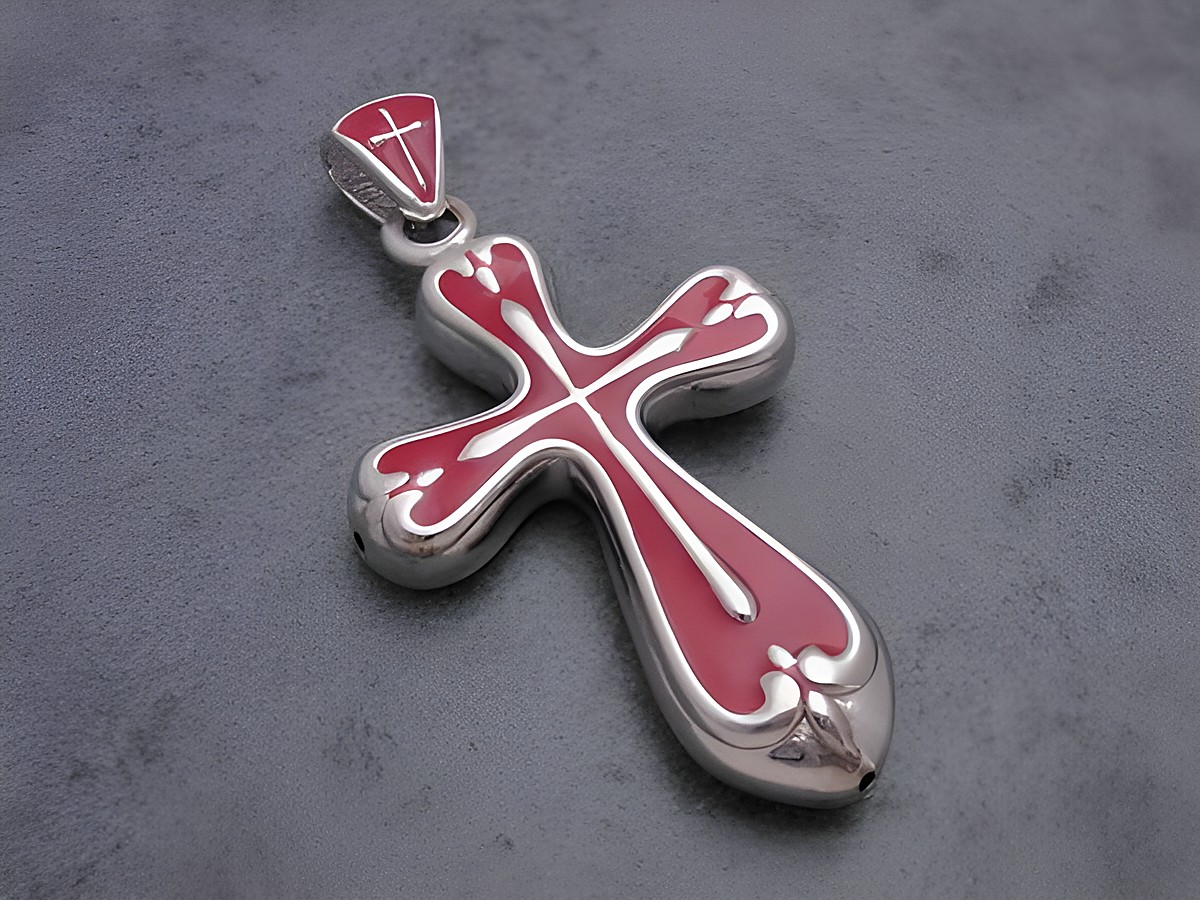 Kreuz Anhänger aus rhodiniertem Sterling Silber mit rotem Lack und Muster, Hersteller Juwelier Harnisch, elegantes Designerstück.