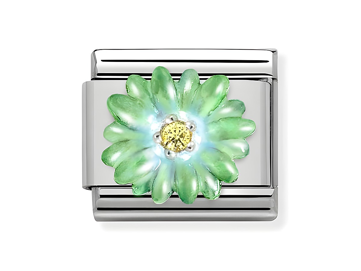 Charm von Nomination Classic Silber 330321 07 aus Edelstahl und Sterling Silber mit einer grünen Blume und einem gelben Kristall in der Mitte, ideal für elegante Schmuckstücke.