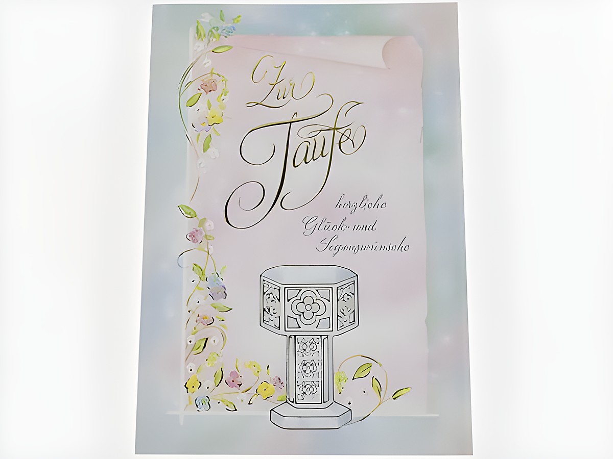 Ein schöner Taufkarte mit einer Zeichnung eines Taufbeckens und einer zarten Blumenranke. Der Text "Zur Taufe" und die Worte "herzliche Glück- und Segenswünsche" sind dekorativ gestaltet.