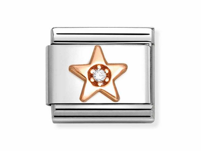 Ein eleganter Charm aus Edelstahl mit einem rosegoldenen Stern, der von weißen Zirkonia geschmückt ist, ideal für individuell gestaltbare Armbänder und Accessoires.