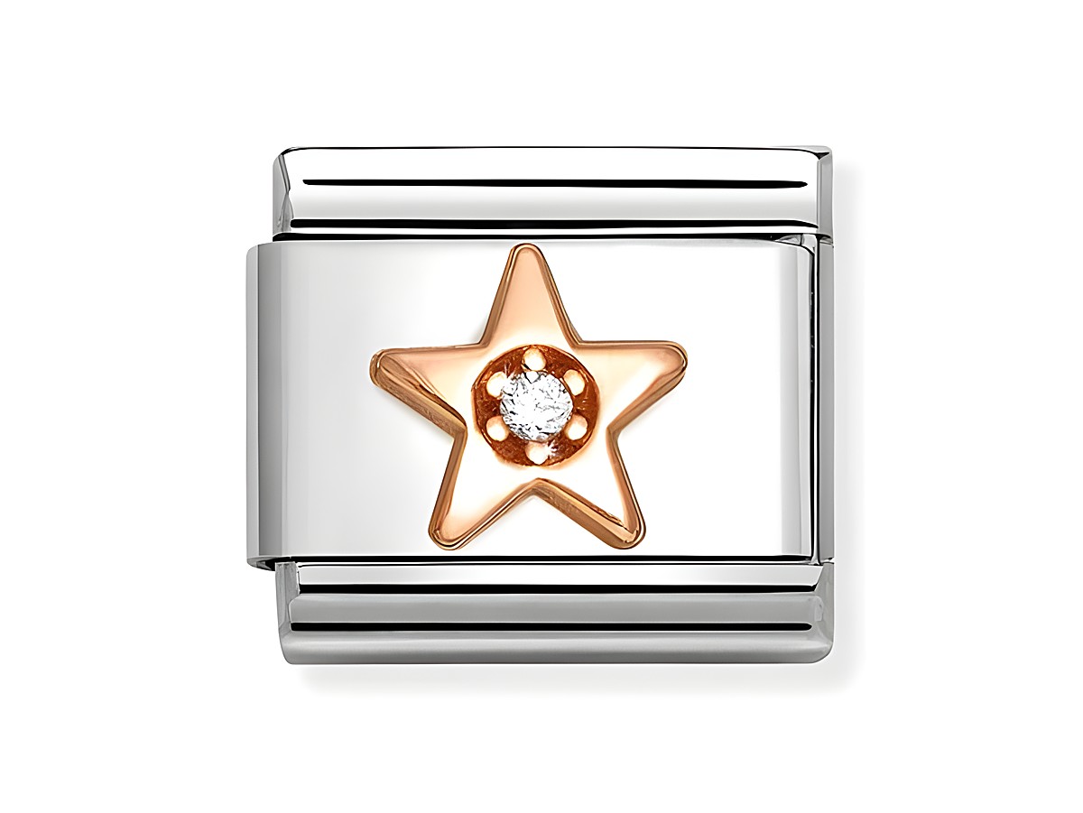 Ein eleganter Charm aus Edelstahl mit einem rosegoldenen Stern, der von weißen Zirkonia geschmückt ist, ideal für individuell gestaltbare Armbänder und Accessoires.