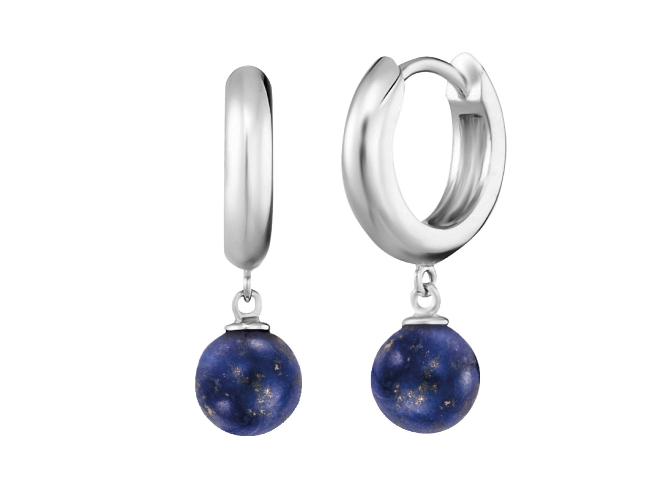 Zwei stilvolle Ohrhänger aus rhodiniertem Silber mit einem blauen Lapislazuli-Kraftstein. Die runde, leuchtende Lapislazuli-Kugel hängt elegant an der Ohrklammer und verstärkt den edlen Look.