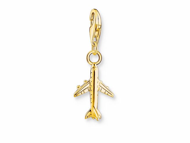 Charm-Anhänger von Thomas Sabo in Form eines Flugzeugs aus Silber mit Vergoldung in Gelbgold, Teil der Holiday Vibes Kollektion, neu und stilvoll für individuelle Schmuckkreationen.