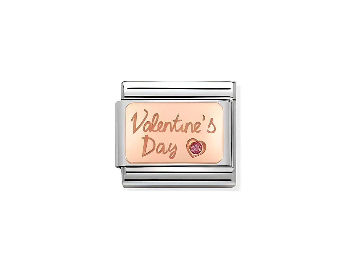 Ein elegantes Edelstahlarmband, kombiniert mit Roségold und Zirkonia, zeigt den Schriftzug Valentine's Day und ein Herzmotiv. Ideal für besondere Anlässe und Geschenke.