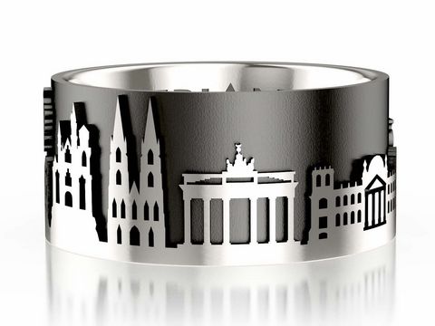 300855-0 Ring aus 925 Sterling Silber, geschwärzt, mit einer Reliefdarstellung berühmter deutscher Bauwerke. Breite 10 mm, Größe 52, hergestellt von Juwelier Harnisch, Deutschland.
