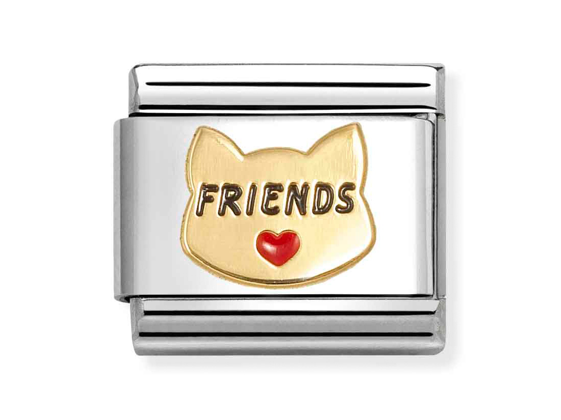 Katze mit Herz in Classic Gold und Emaille, versehen mit der Aufschrift FRIENDS, von Pandora, Neuheiten. Ein liebevolles Schmuckstück für Tierliebhaber.