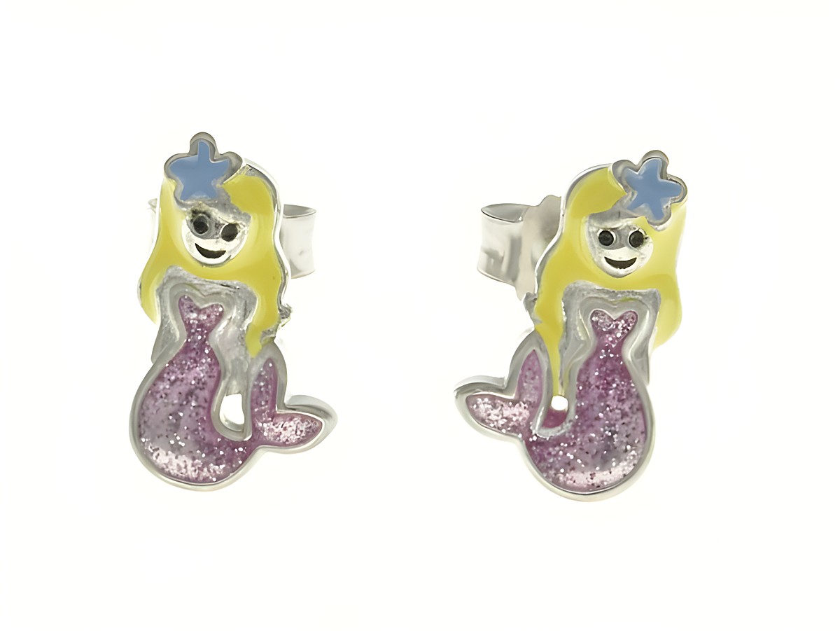 Meerjungfrau Ohrstecker aus rhodiniertem Sterling Silber mit buntem Lack für Kinder, fröhliches Design mit glitzerndem Element und einem lächelnden Gesicht. Ideal als Geschenk.