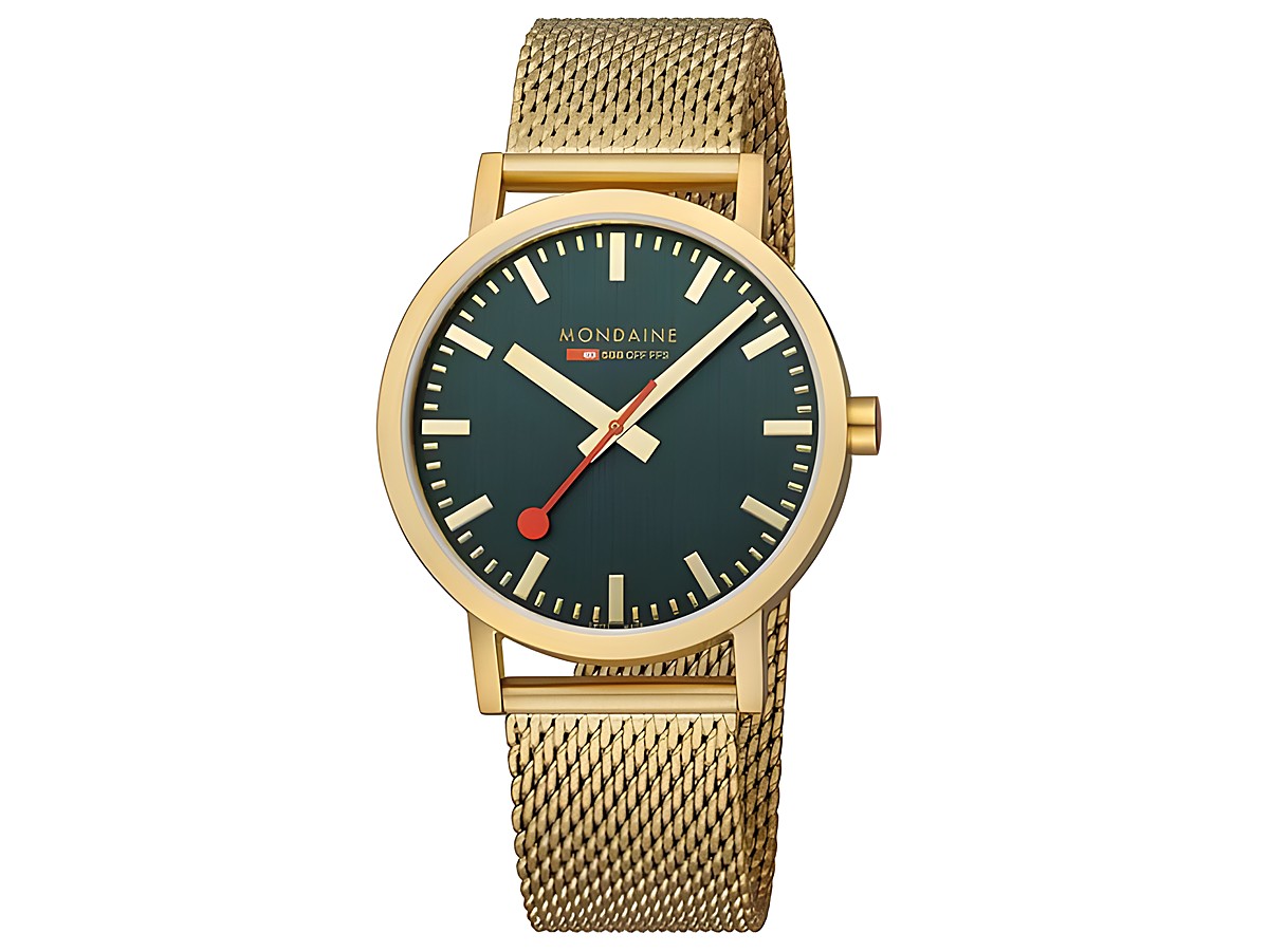 Mondaine Classic Uhr A660.30360.60SBM mit 40 mm Gehäuse und IP Gelbgoldvergoldung, Zifferblatt in Wald-Grün, ausgestattet mit einem goldfarbenen Milanaise-Armband.