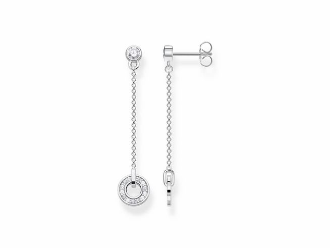 Ohrringe von Thomas Sabo aus Silber mit Zirkonia in weiß, bestehend aus einem langen, filigranen Design mit einem hängenden Anhänger in Form eines Rings und einem funkelnden Stein oben.