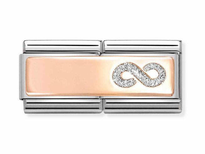 Elegantes Armband aus Roségold mit Glitzer-Infinity-Symbol auf einer glatten Emaille-Oberfläche, umgeben von silbernem Metall und modernem Design von Nomination.