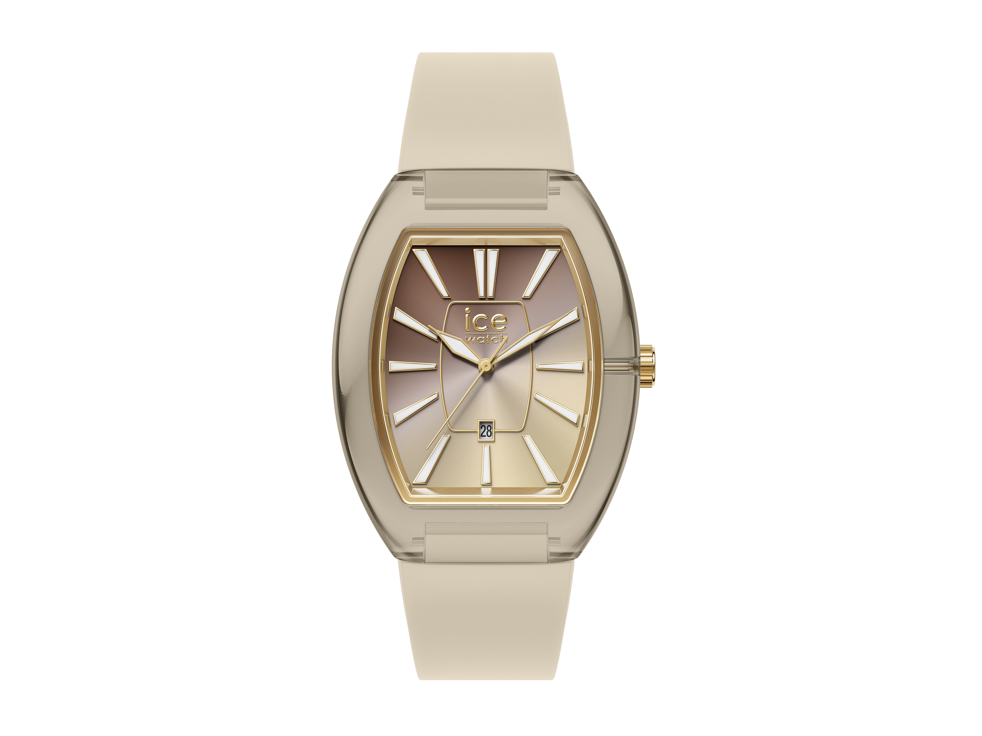 Ice Watch 024039 ICE boliday Uhr in Taupe, kleine Größe mit einem goldfarbenen Zifferblatt und klaren Indizes, auf einem weichen, beigen Silikonarmband, modern und elegant.