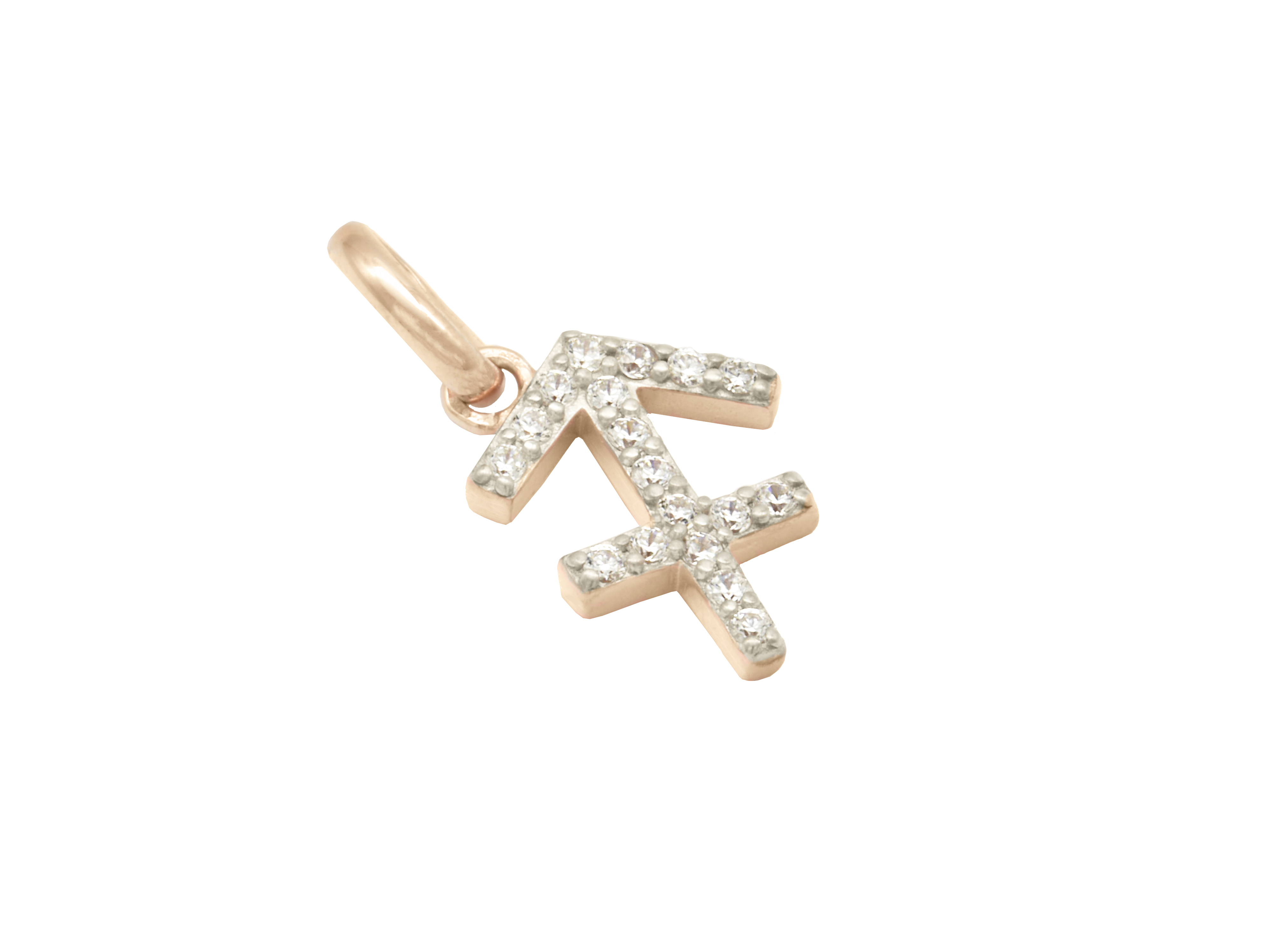 Ein vergoldeter Roségold-Anhänger in Form des Schütze-Sternzeichens aus Sterling Silber 925, verziert mit funkelnden Zirkonia-Steinen, hergestellt von Juwelier Harnisch.