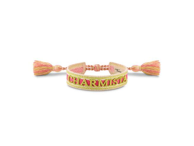 Gewebtes Thomas Sabo Charmista Armband in Rosa, Pink und Gelb mit Fransen, passend für Handgelenke von 15 bis 24 cm, aus hochwertigem Material und mit trendigem Design.