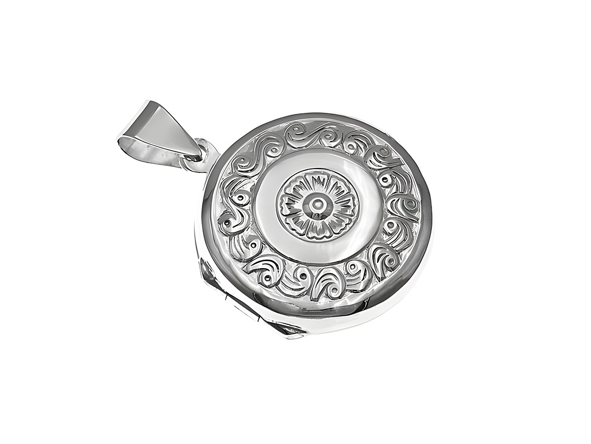 Rundes Medaillon aus Silber mit einem filigranen Blütenmuster, geeignet für zwei Bilder, hergestellt von Juwelier Harnisch, dekorative Schmuckstück für persönliche Erinnerungen.