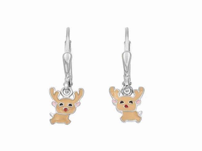 Ohrringe in Form eines kleinen Rentiers aus rhodiniertem Sterling Silber, poliert und mit buntem Lack verziert, ideal für Kinder, Hersteller Juwelier Harnisch.