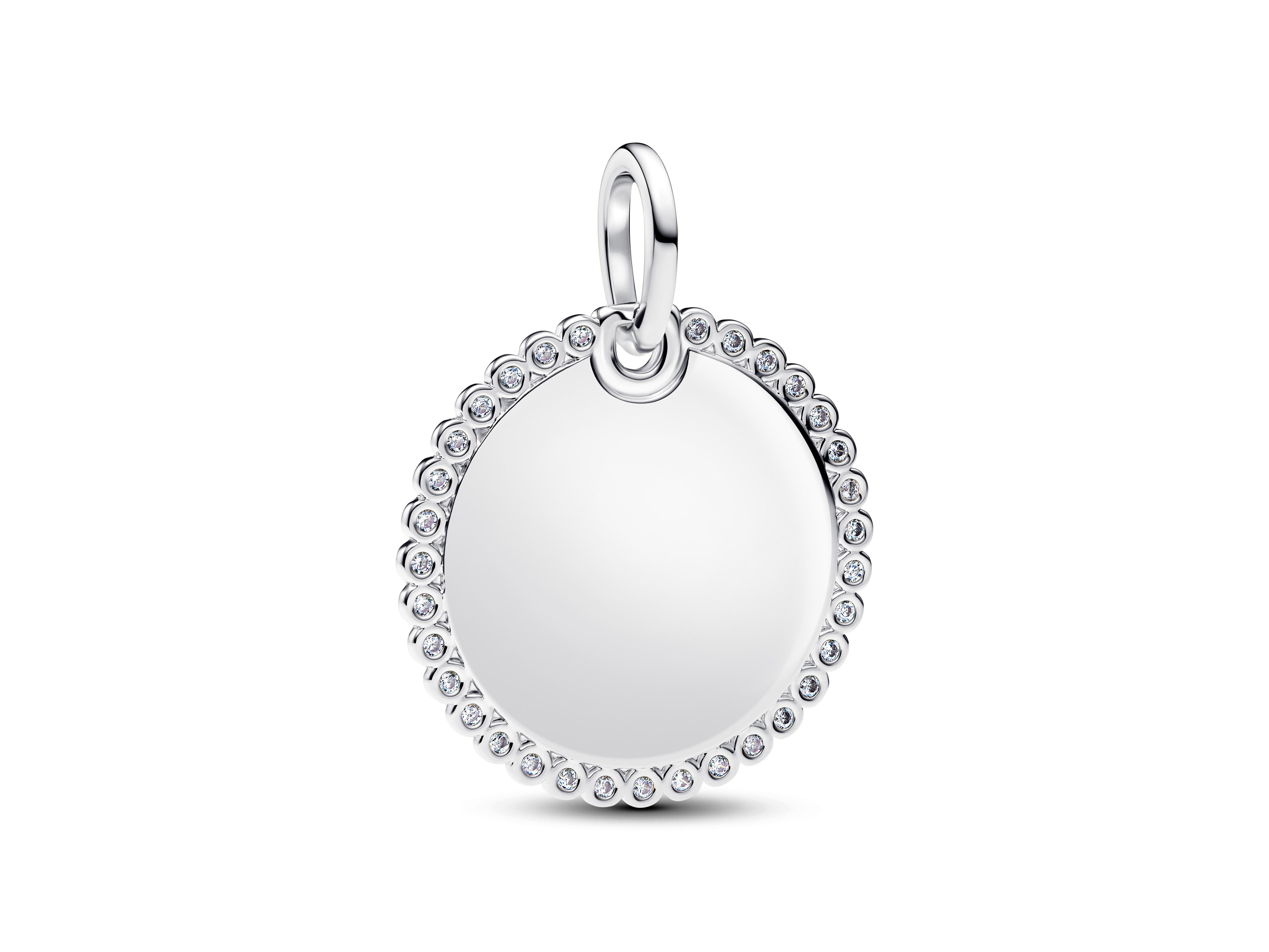 Runder Anhänger aus Sterling Silber mit Zirkonia, glänzende Oberfläche und feiner Verzierung, ideal als elegantes Schmuckstück von Pandora, Neuheiten.