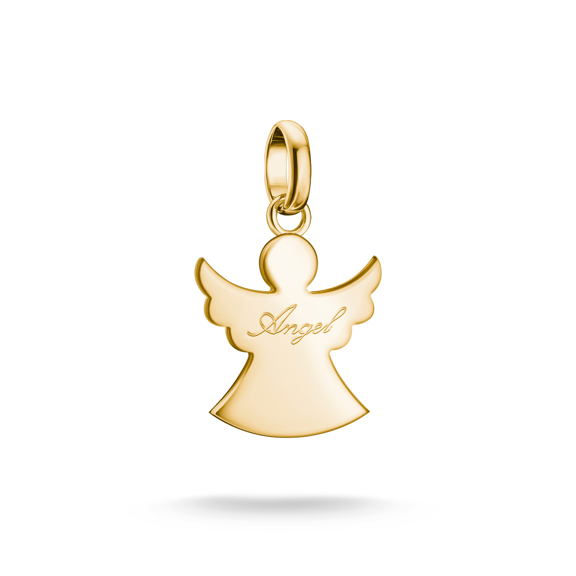 Charm in Form eines Engels aus 18k Gelbgold Vergoldung mit einer Öse und der Inschrift Angel, Hersteller Thomas Sabo, Neuheiten.