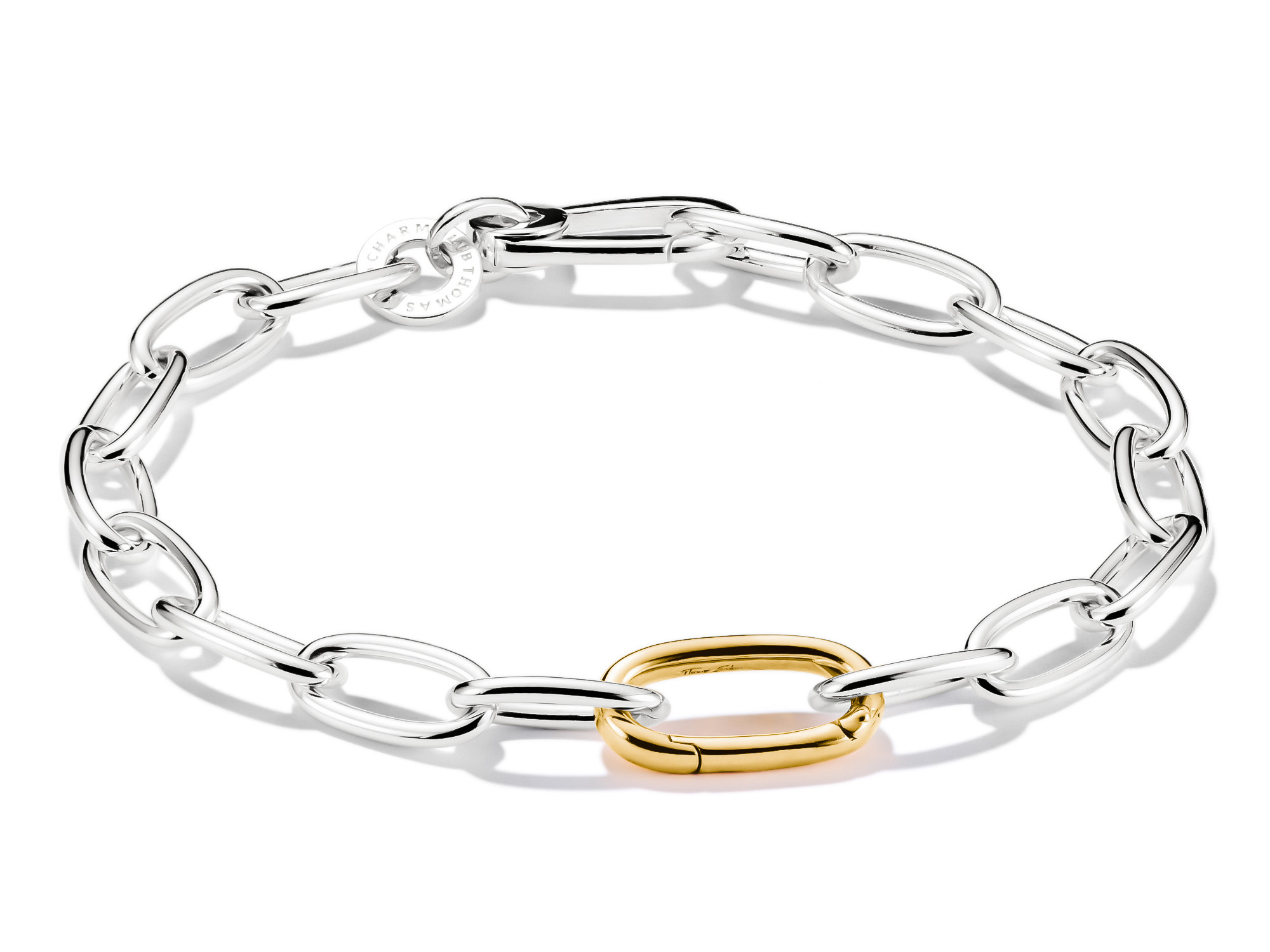 Charm Armband von Thomas Sabo in Bicolour, bestehend aus silbernen Gliedern und einem vergoldeten Connect Link, Länge 17 cm, Teil der Charm Club CONNECT Kollektion.
