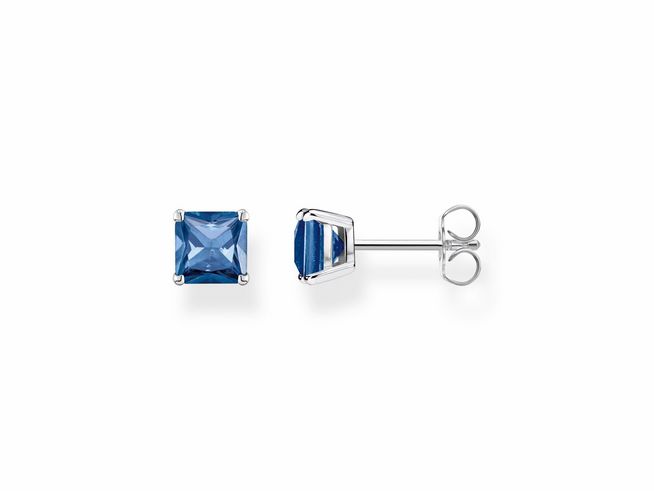 Ohrstecker aus Sterling Silber mit dunkelblauem Glas-Keramik Stein in quadratischer Form, Größe 6 x 6 mm, von Thomas Sabo, elegantes und zeitloses Design.