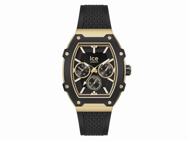 Die Ice Watch Uhr 022865 - ICE boliday Black Gold - Small zeigt ein elegantes, modernes Design mit einem schwarzen Ziffernblatt und goldenen Akzenten sowie einem robusten Armband aus flexiblem Material.
