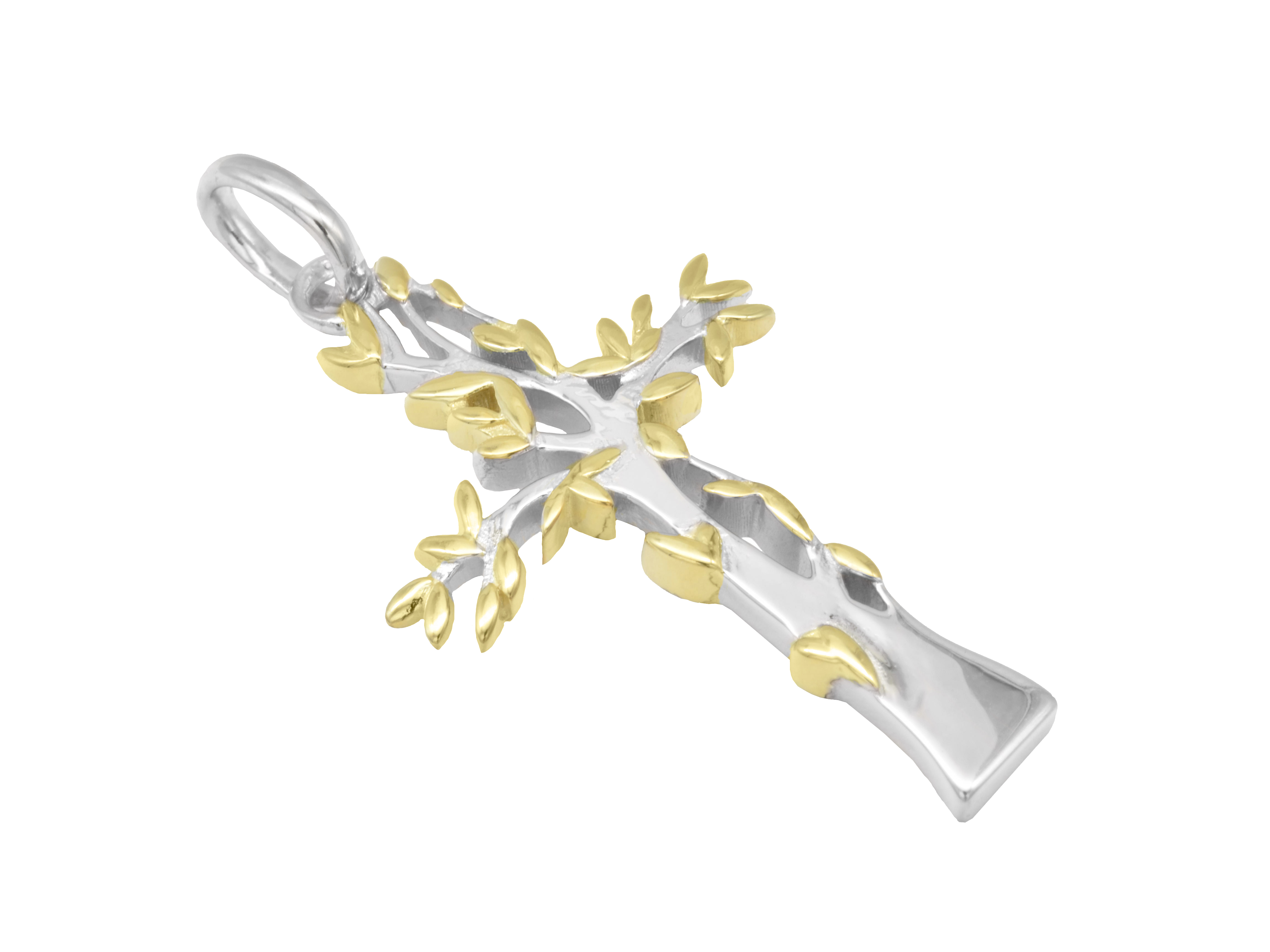 Kreuz Anhänger in Form eines Lebensbaums aus Sterling Silber mit Gelbgold Bicolor, rhodiniert und poliert, Hersteller Juwelier Harnisch, mit filigranem Muster.