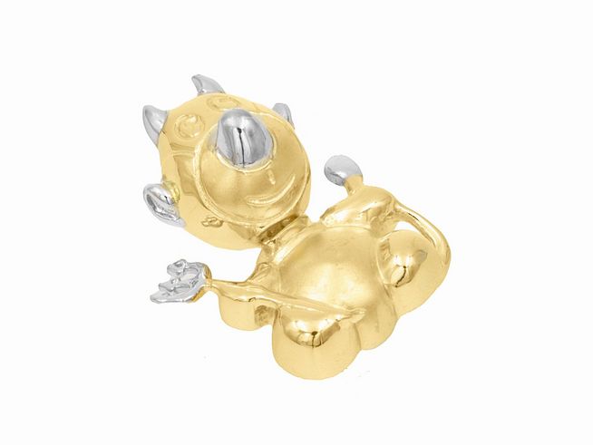 Anhänger Teufel aus 750 Gold, bicolor, teilmattiert, von Juwelier Harnisch, zeigt einen verspielten Teufel in Gold und Silber, ideal für Liebhaber ausgefallener Schmuckstücke.