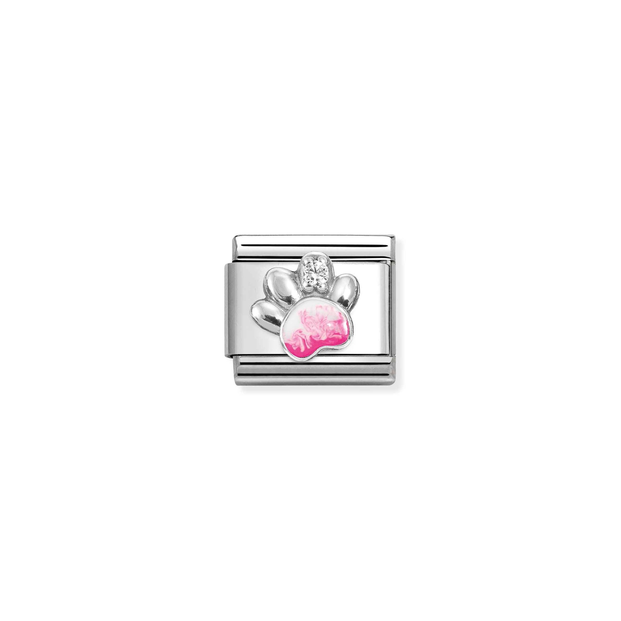 Nomination Composable Classic Charm Pfote rosa-weiß - Edelstahl, Sterling Silber, Emaille, Zirkonia