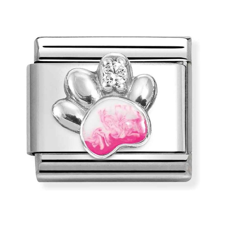 Nomination Composable Classic Charm Pfote rosa-weiß - Edelstahl, Sterling Silber, Emaille, Zirkonia