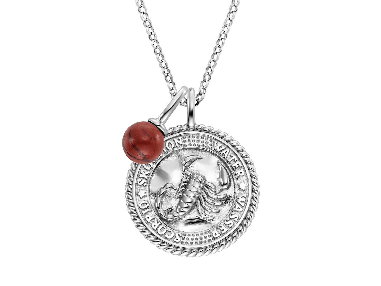 Kette mit einem runden Anhänger aus Silber, der das Sternzeichen Skorpion abbildet, verziert mit einem roten Jaspis und Zirkonia, stilvoll und kraftvoll, ideal für Skorpion-Geborene.