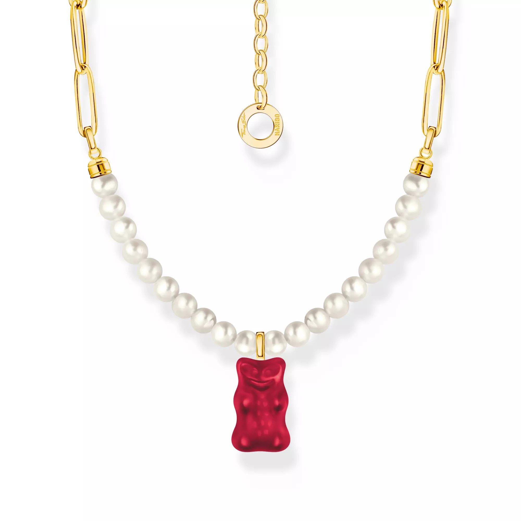 Thomas Sabo Gliederkette mit rotem Goldbären-Anhänger und Perlen vergoldet – HARIBO – Silber – Perle – 45 cm verstellbar