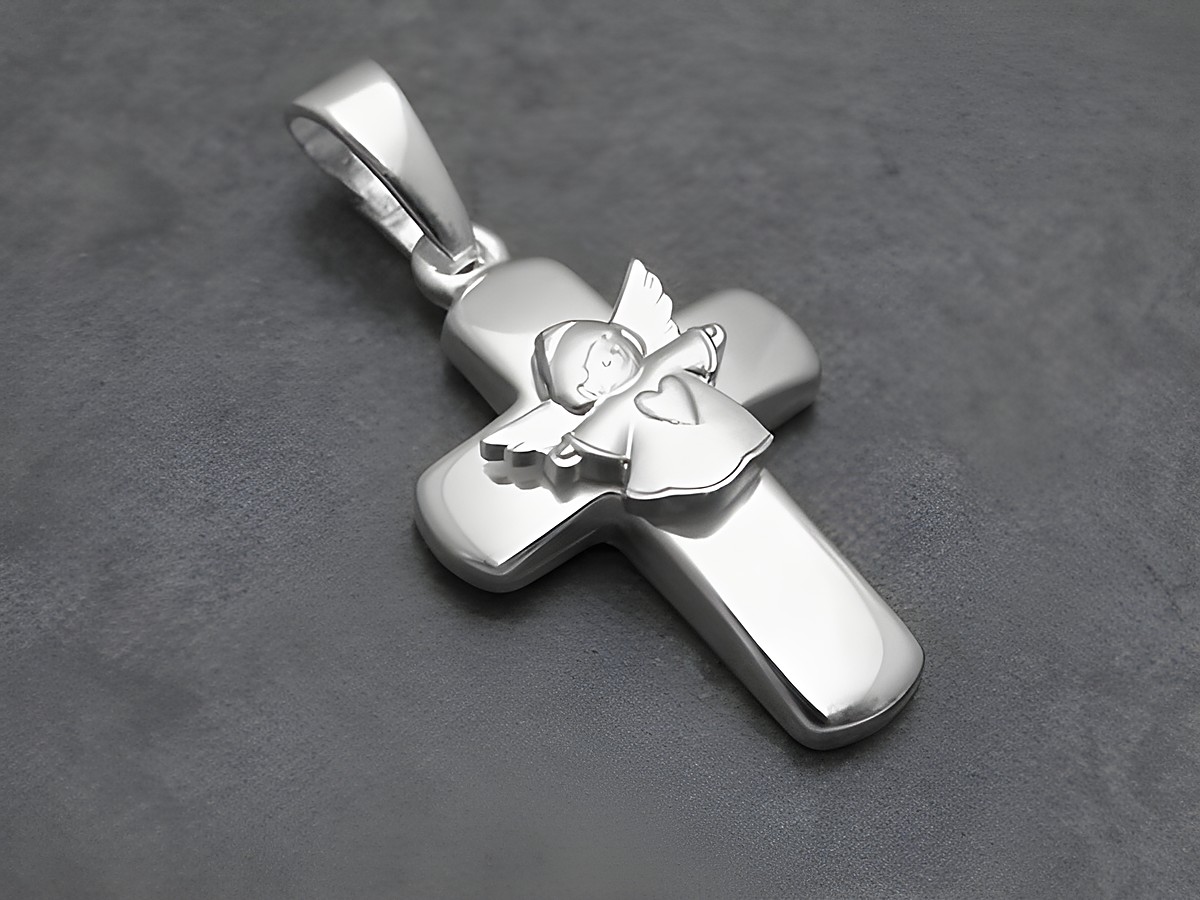 Kreuz mit Engel aus Sterling Silber, niedlich und filigran, Hersteller Juwelier Harnisch, verziert mit einem ansprechenden Muster, ideal für persönlichen Schmuck oder Geschenke.